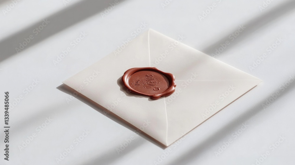 Poster single envelope with wax seal placed on seamless white surface soft shadows emphasizing texture and 