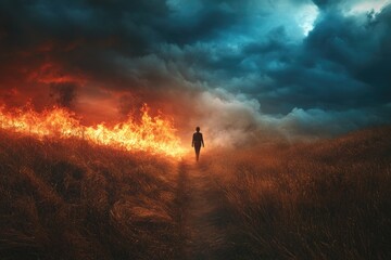 Fototapeta premium Person in field with fire