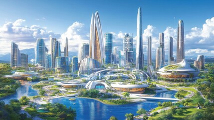Naklejka premium A stunning futuristic city features modern skyscrapers and verdant landscapes