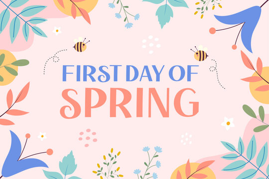 First day of spring. Vibrant and cheerful vector illustration, with bees and colorful floral elements.