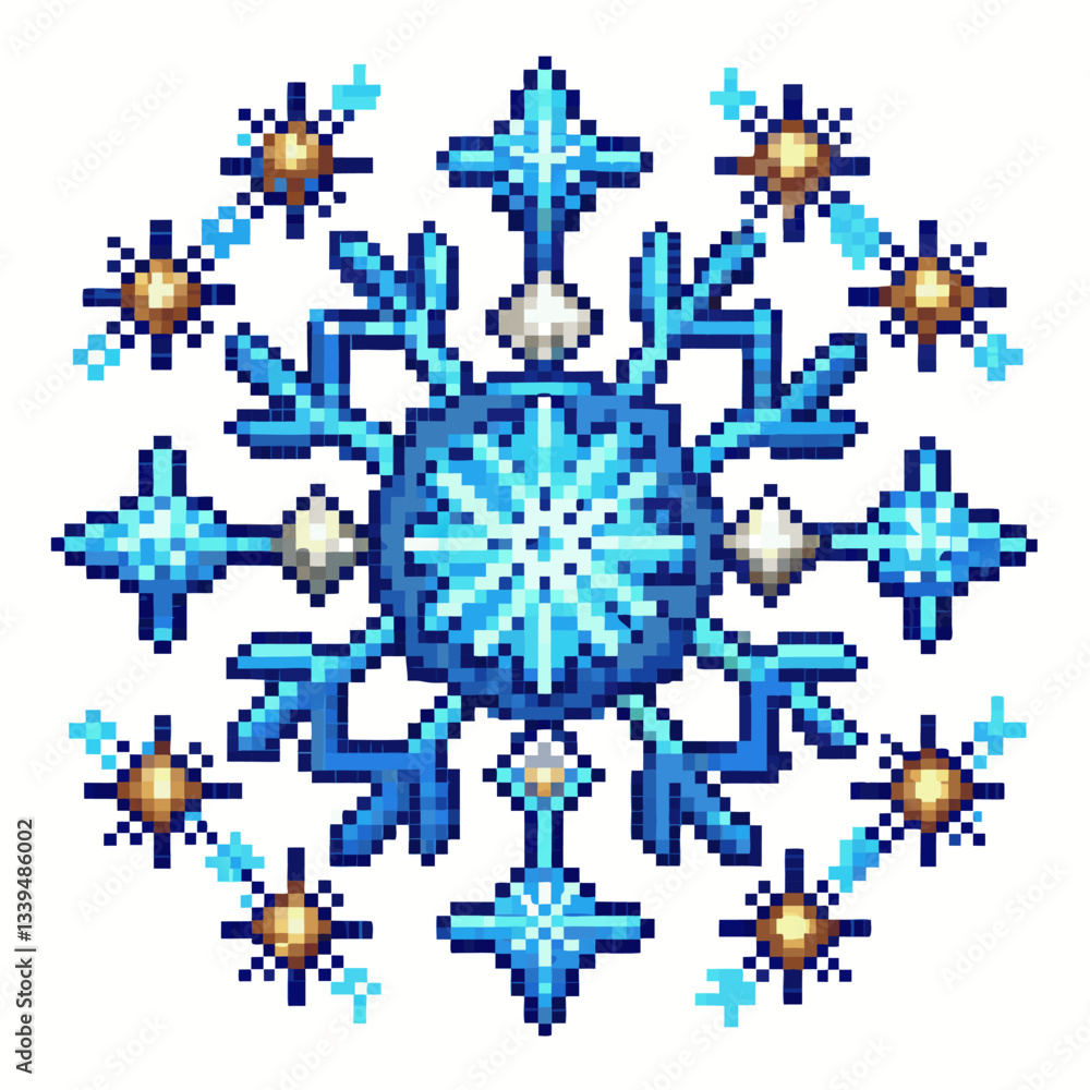 Poster intricate pixel art snowflake design with blue geometric patterns