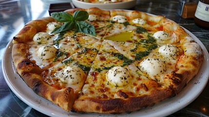 A beautifully plated Margherita pizza with a side of fresh mozzarella balls and basil-infused olive oil, ready for a gourmet meal.