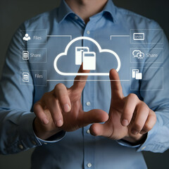 Cloud Service Technology Digital Data Management , Man hands and finger touch cloud service for information storage  