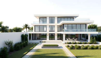 3D visualization of a modern villa with a courtyard, panoramic windows and a large terrace. flat roof house , with white tonespng