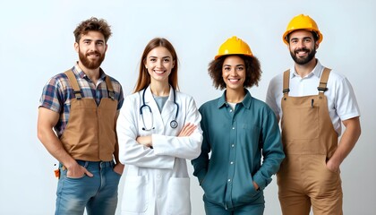 Diverse group of professionals including a doctor and construction workers standing together smiling international workers' day 