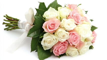 A stylish and modern bouquet of pink and white roses, tied with a delicate ribbon, surrounded by vibrant green leaves.