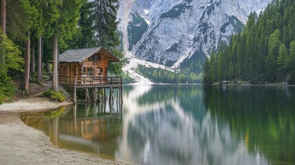 Fototapeta premium Wooden cabin on stilts by a calm mountain lake surrounded by pine trees