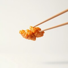 Two pieces of orange food being held by chopsticks