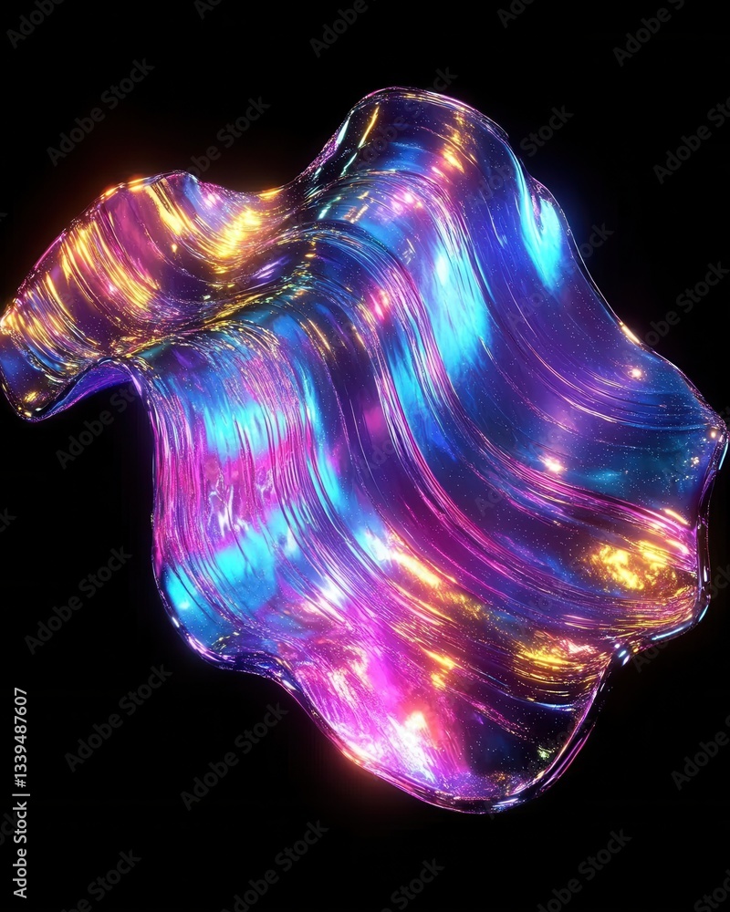 Poster iridescent flowing crystal abstract form with vibrant colors and dynamic reflections on black backgr