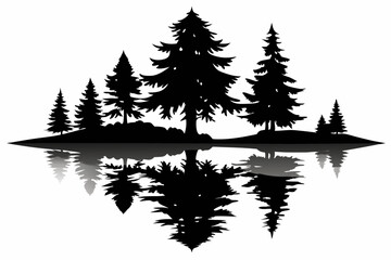 Fototapeta premium reflection in water pine tree line art silhouette vector illustration