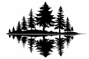 Obraz premium reflection in water pine tree line art silhouette vector illustration
