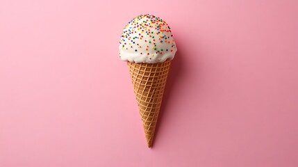 Ice cream cone with colorful sprinkles on pink backdrop