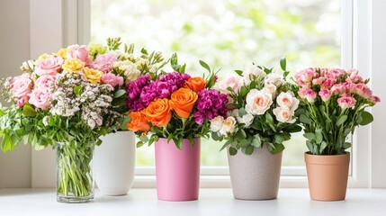 A vibrant display of colorful flower bouquets in a bright florist shop, showcasing roses, carnations, and assorted fresh blooms in decorative pots.