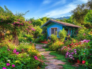 Fototapeta premium Blue house with garden