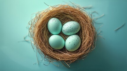 Four Eggs Sit Nestled Inside of a Birds Nest on a Light Blue Background