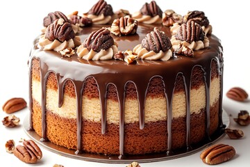 Delicious layered cake with chocolate glaze and pecan garnish