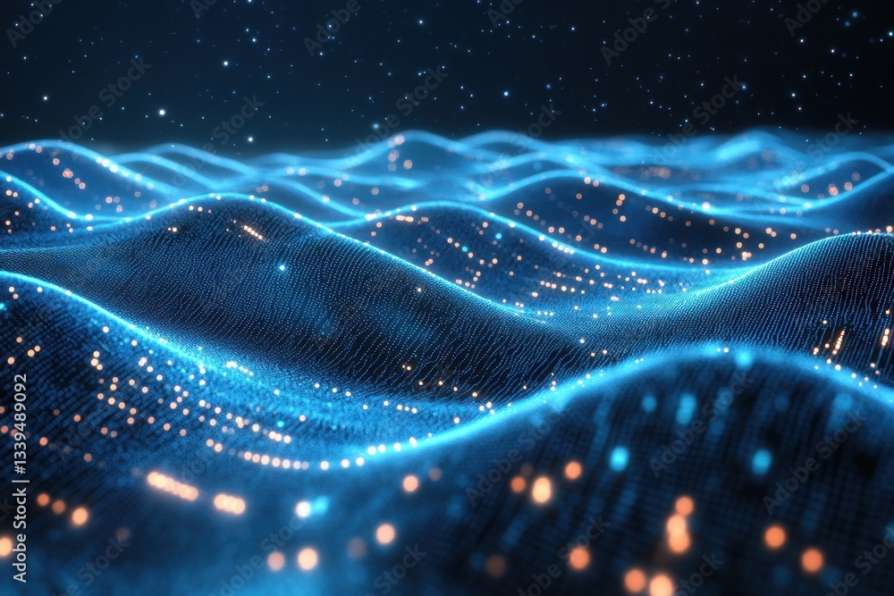 Poster abstract digital landscape with glowing particles and waves in blue and orange tones creating a futu