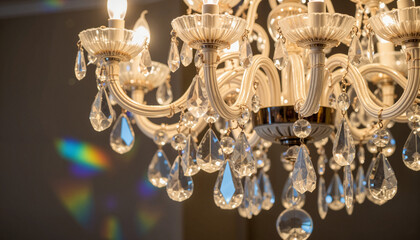 Elegant crystal chandelier casting rainbows in soft light, home decor