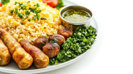 Fototapeta premium A plate featuring grilled food with rice and dipping sauce