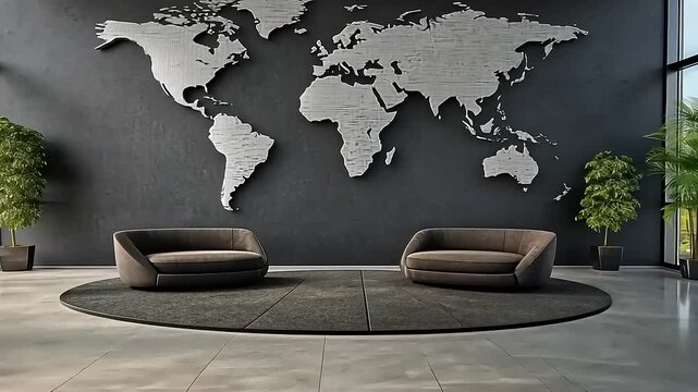 Modern office interior featuring two sofas, a world map on the wall, and city skyline views
