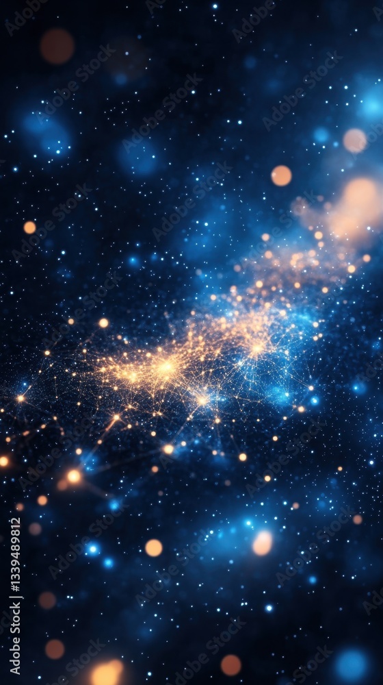 Poster captivating cosmic network of glowing particles in deep space with blue and gold bokeh lights abstra