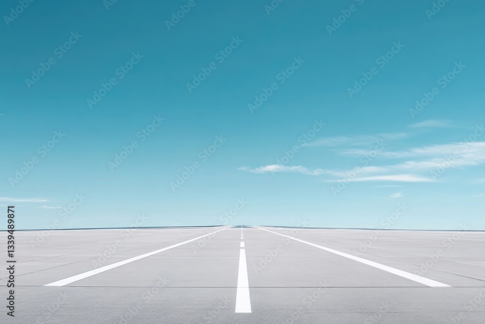 Poster sleek minimal airport runway design featuring crisp white lines on smooth tarmac background extendin