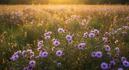 Obraz premium Purple Aster Flowers Blooming in Meadow at Sunset with Golden Light