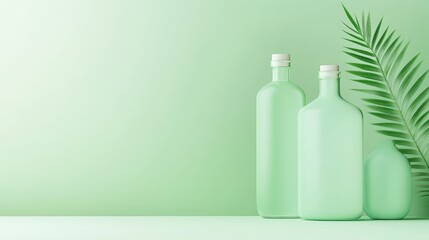 Three green bottles on a soft mint background with a palm leaf, ideal for eco-friendly themes