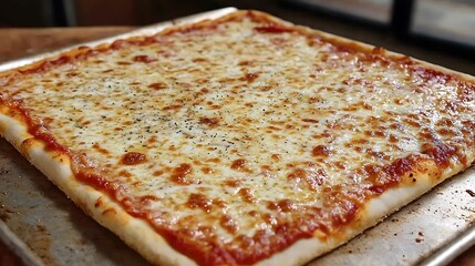Delicious square cheese pizza on a baking sheet.