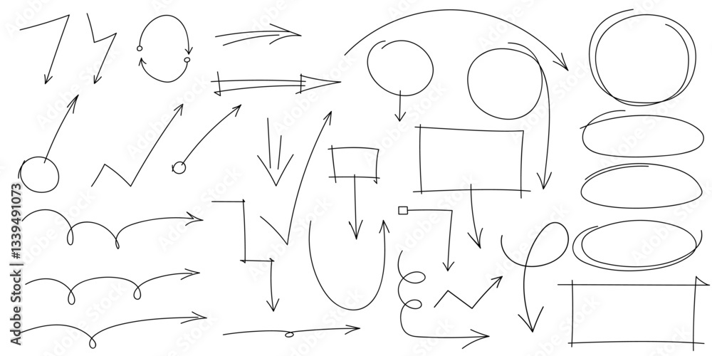 Aufkleber hand drawn arrows, highlight, text underline strokes and emphasis marks. set of sketches of arrows, 