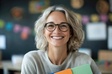 smiling teacher surrounded by classroom decorations and holding colorful folder