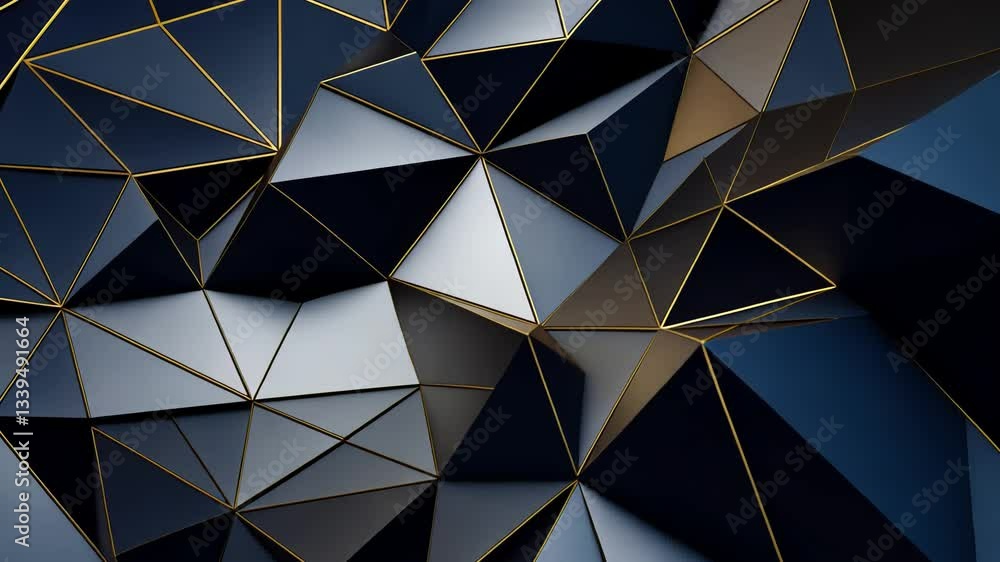Poster abstract geometric background of dark triangles with gold lines. a complex, multifaceted design with