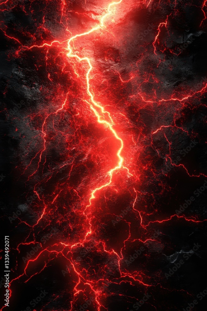 Aufkleber intense red lightning strikes across a dark rough surface creating a dramatic and powerful visual ef