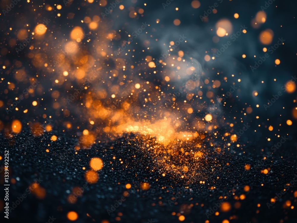 Poster ethereal golden bokeh lights dancing on a dark textured surface creating a magical and dreamy atmosp