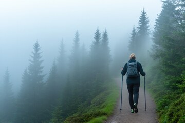 solitary nordic walker traverses misty forest trail in soft morning light utilizing poles to enhance rhythmic flow