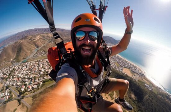 Man on a paraglider taking a selfie on the descent