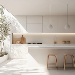 Fototapeta premium Modern white kitchen interior design with natural sunlight and plants