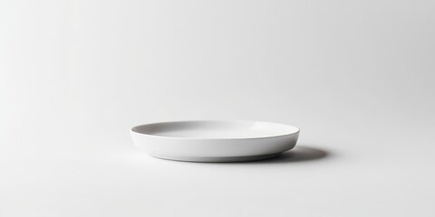 A single white circular plate placed against a white backdrop