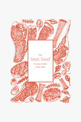 Butchery Shop Design Template. Vector Hand Drawn Meat Banner. Vintage Style Bar B Q Menu Illustration.