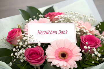 Obraz premium Herzlichen Dank Karte mit rosa Blumenstrauß und romantischer Dekoration 