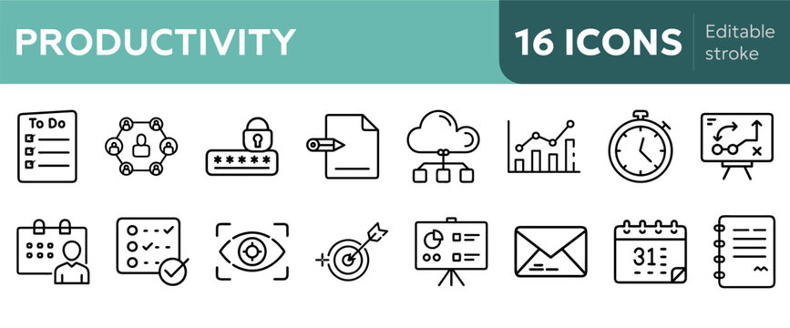 productivity tool icons to-do list, calendar, note-taking, email client, project management board, timer, cloud storage - Powered by Adobe