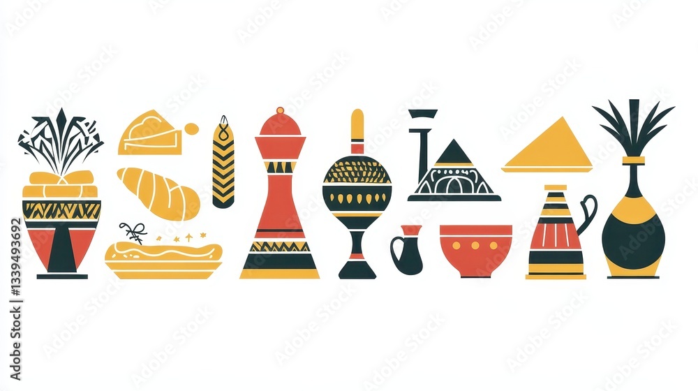 Poster stylized illustrations of various decorative objects in rows