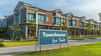 "Townhouse for Sale" Advertisement in Front of a Row of Modern Townhomes