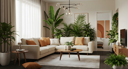 Modern interior room qith tropical plants