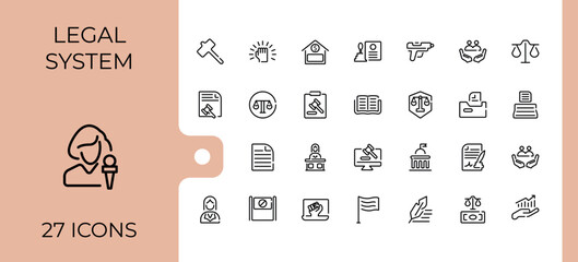 Justice line icon. Includes thin line symbols lawyer, judgement, crime, judgment, court and more. Minimal icons collection. Judge icon pack. Editable stroke. Vector collection.