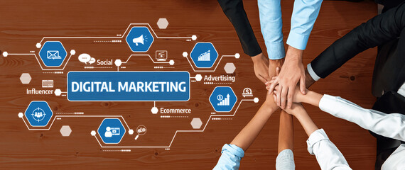 This image showcases a collaborative approach to digital marketing, highlighting teamwork and various business elements through technology icons and marketing concepts. Amity