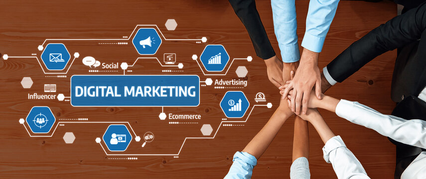This image showcases a collaborative approach to digital marketing, highlighting teamwork and various business elements through technology icons and marketing concepts. Amity