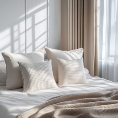 Serene bedroom retreat with soft pillows and a cozy blanket bathed in gentle sunlight creating a peaceful ambiance