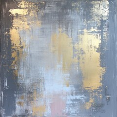 Abstract art painting featuring layers of gray and gold colors