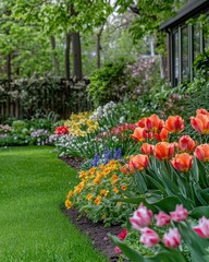 Lush garden scene with vibrant tulips and colorful flowers in full bloom during springtime beauty